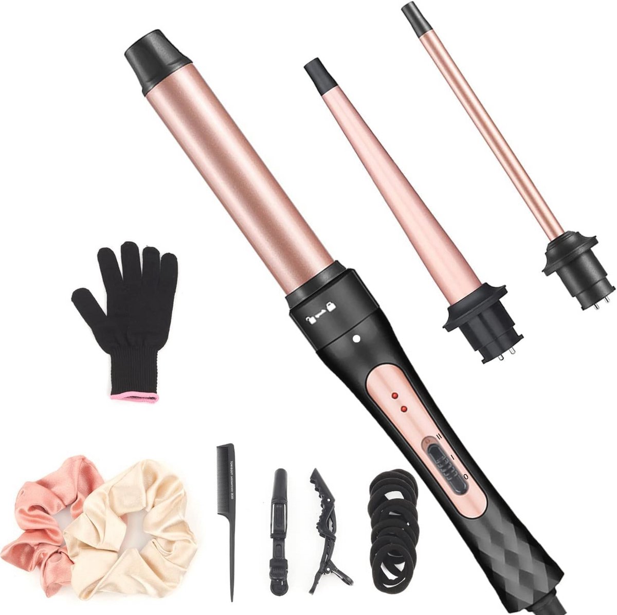 Krultangen set 3 in 1 met accessoires voor grote en kleine krullen, snel opwarmend, keramische coating