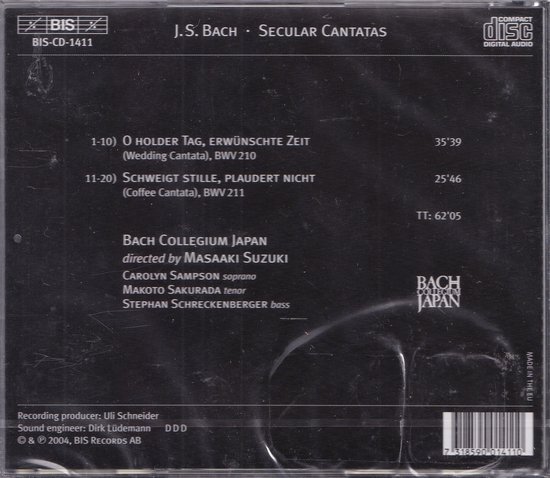 CD-hoes met tekst J.S. Bach Secular Cantatas BIS-CD-1411, Bach Collegium Japan, Masaaki Suzuki, Carolyn Sampson, Makoto Sakurada, Stephan Schreckenberger.