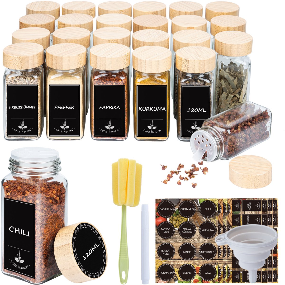 Aufun 24 Glazen Kruidenpotjes Vierkante Set met Acacia Deksel – Kruidenstrooier – Glazen Potjes met Deksel - Complete Set incl Kruiden Stickers, Schoonmaakborstel, Zeef– Inhoud 120 ml