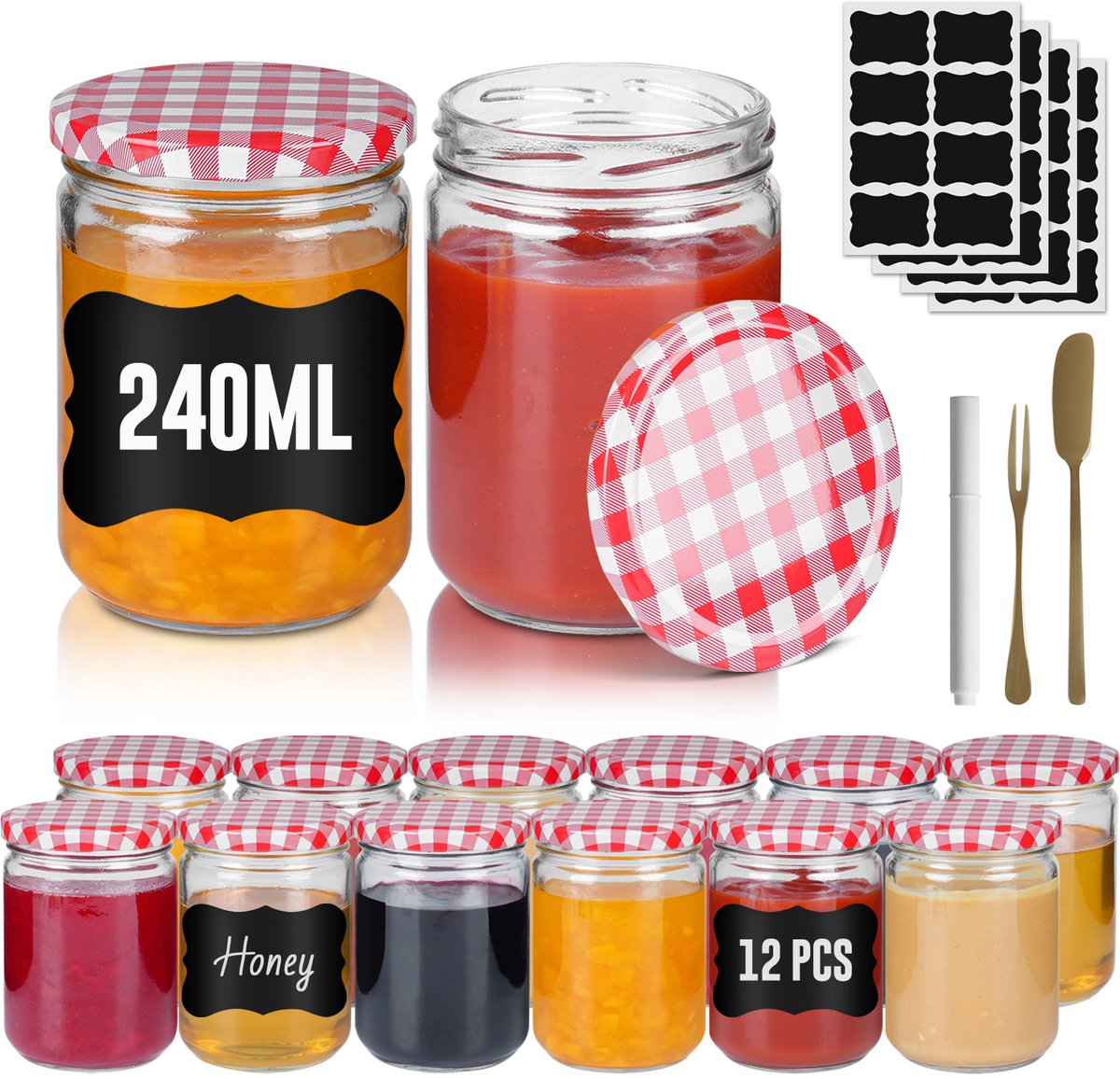 Aufun Confituurpot Jampot Inmaakpot met geruite schroefdeksel van 240 ml - 12 stuks - Glazenpot - Jampot