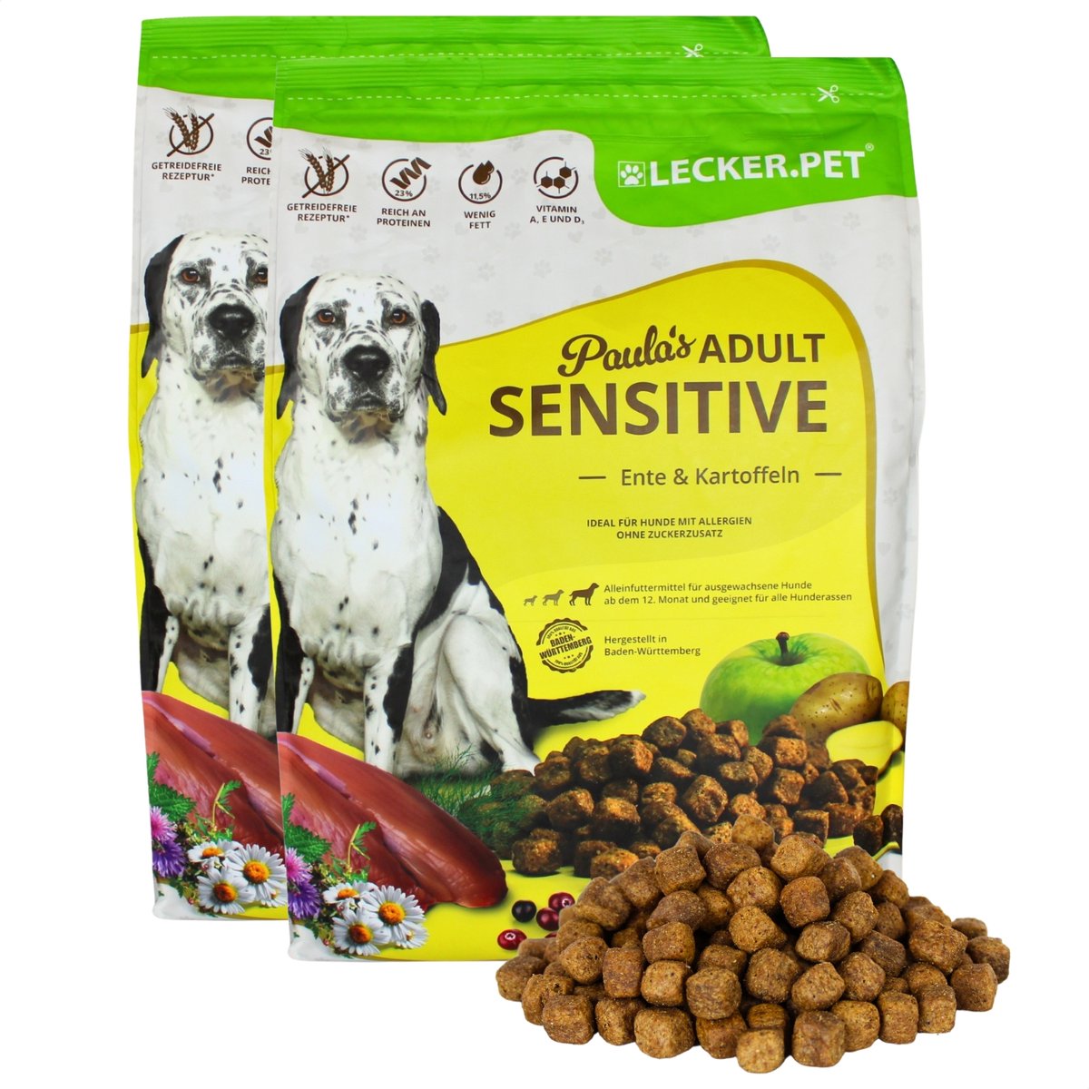Lyra Pet 8 kg Lecker.Pet® Paula's Adult Sensitive Eend & Aardappel droog hondenvoer compleet voer