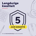 5 jaar garantie schild met links een toetsenbord en rechts een koptelefoon en muis. Tekst: Langdurige kwaliteit, 5 jaar garantie.
