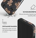 Telefoonhoesje met een patroon van bruine teddyberen en zwarte strikjes op een grijs ruitje.