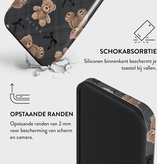 Telefoonhoesje met een patroon van bruine teddyberen en zwarte strikjes op een grijs ruitje.