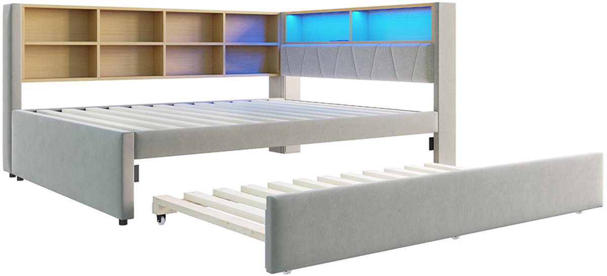 Lit Coffre 140x200cm, Lit Adulte Avec LED, Sommier à Lattes, Tissu En Pu Noir