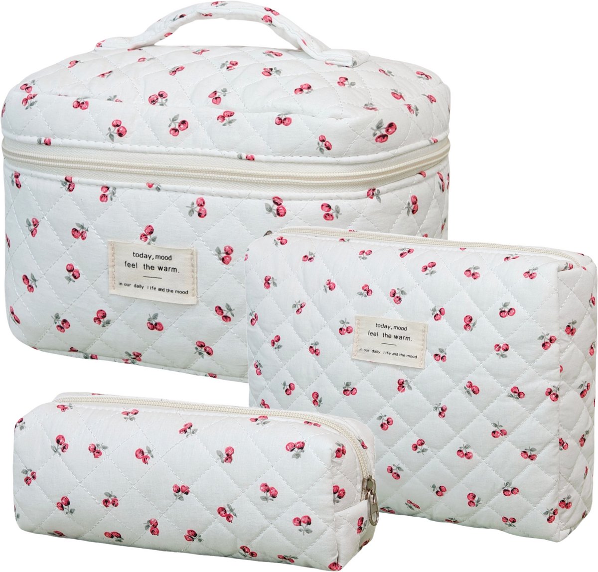 Skycases Travel Essentials - 3-delige Make-up Tas Set - Eco-vriendelijk Katoen - Gewatteerde Gebloemde Organizers - Etui Toilettasje - Toiletzak voor Dames - Ruim, Duurzaam en Ideaal voor Reizen