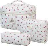 Skycases Travel Essentials - 3-delige Make-up Tas Set - Eco-vriendelijk Katoen - Gewatteerde Gebloemde Organizers - Ruim, Duurzaam en Ideaal voor Reizen