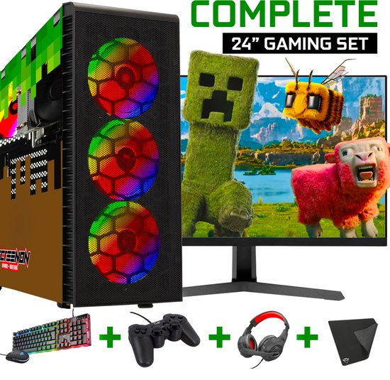 ScreenON - Minecraft Gaming SET Black - (GamePC + 24 Inch Monitor + Toetsenbord + Muis + Controller + Headset + Muismat) inclusief WiFi & Bluetooth!
