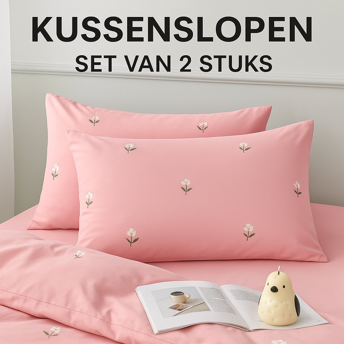 Kussenslopen Set van 2 – 100% Katoen – Zacht & Ademend – Volwassen & Kinderen – Roze met Bloemenprint – 48x74 cm – Luxe Kussensloop