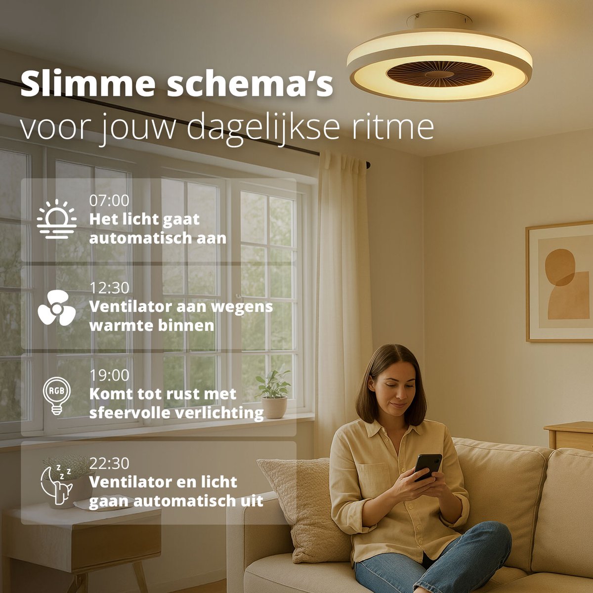 FlinQ LumiFan XL Ø60 cm Smart Plafondventilator met Verlichting - Lamp met 16 Miljoen Kleuren - Ventilator voor aan het Plafond - Ideaal voor op de Slaapkamer - Bestuurbaar met App of Afstandsbediening thumbnail 5