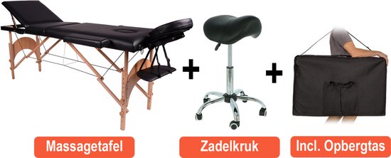 Alora Massagetafel Zen Budget + Zadelkruk zwart/chrome - incl. opbergtas - Max. Draagvermogen 250 KG - 8 Hoogtestanden - Houten Onderstel - Tabouret – Zwart/Chrome - kruk – kapperskruk - massage bed