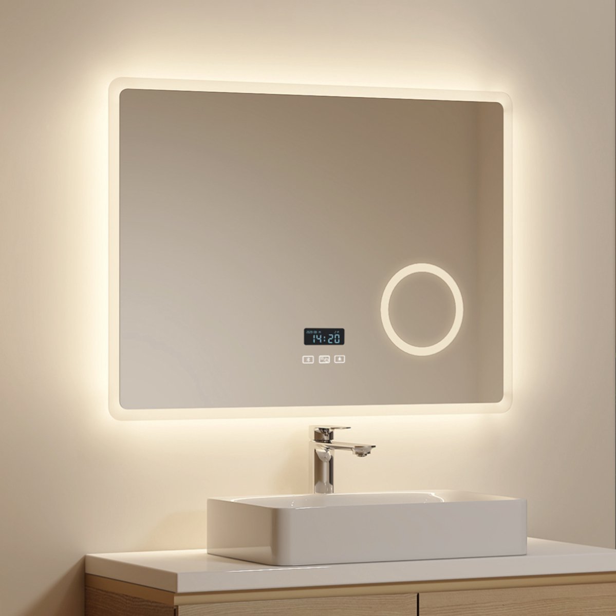 EMKE Badkamerspiegel - Anti Condens - Bluetooth Speaker - Tijd & Temp. - 3 Lichtkleuren Dimbaar - 3x Vergroting - 80x60 cm
