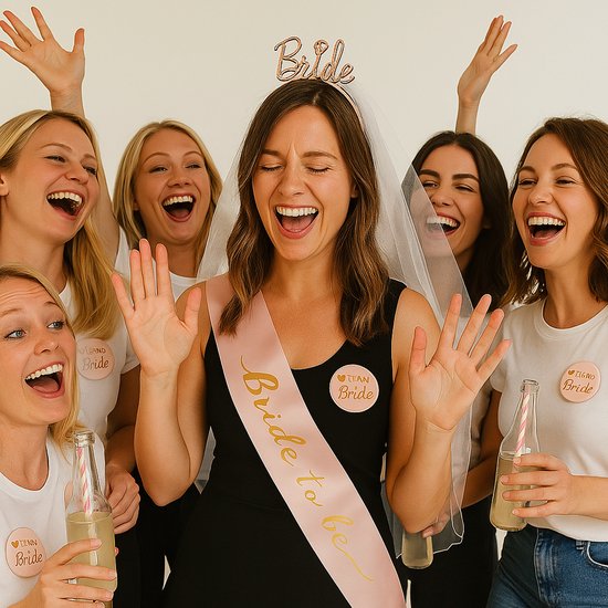 Groep lachende vrouwen met drankjes, bruid met roze sjerp 'Bride to be' en tiara