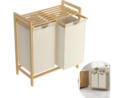 Wasmand van bamboeframe, 2 vakken, 36 l, 73 x 64 x 33,5 cm, wasverzamelaar met plank, waszak van Oxford-weefsel, wassorteerder, hout, waszakken voor bijkeuken, slaapkamer, beige