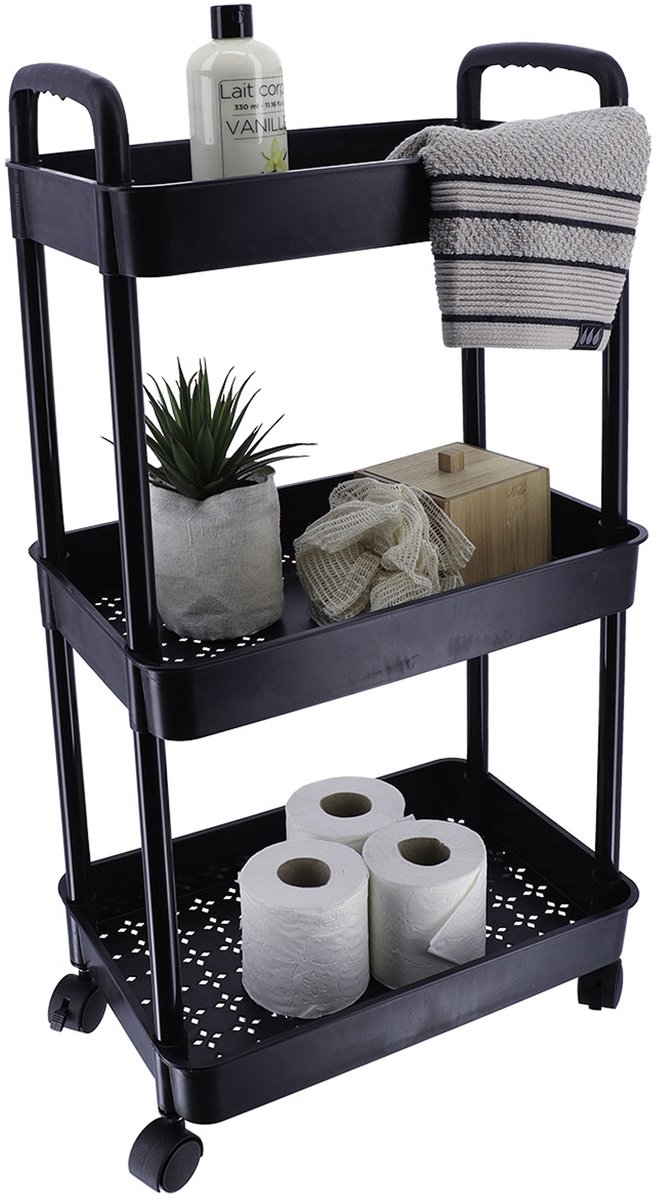 Tendance Keuken/badkamer trolley 3 laags - 38 x 26 x 77 cm - zwart - kunststof - met wielen - handig opbergen