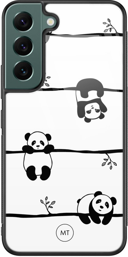 Coque transparente avec des pandas noir et blanc accrochés à des branches.