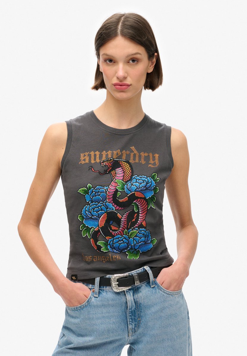 Superdry Tattoo Rhinestone-hemdje Dames Vesten Zwart