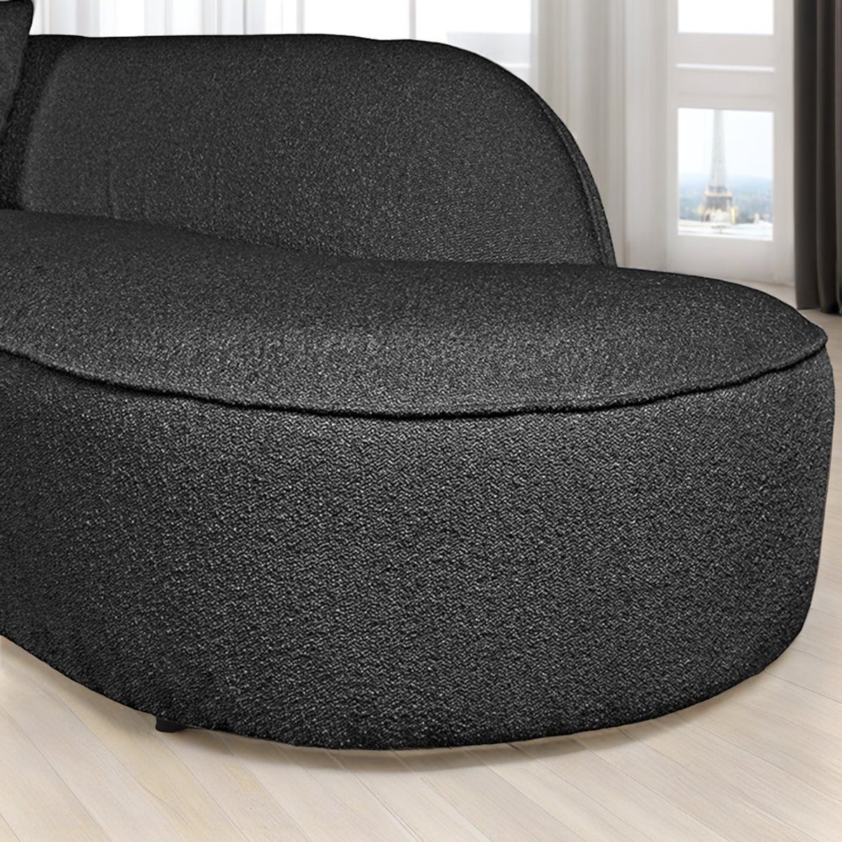 Bank 4-Zits Hoek Rechts – Antraciet Chic Bouclé – 338x150x74 cm – Zithoogte 44 cm – Zitdiepte 62 cm – Inclusief 5 Kussens – Organisch Design – Luxe Comfort – Hotel Chique
