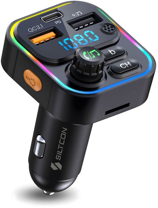 Siltcon® FM Transmitter Bluetooth – Bluetooth Transmitter - USB-C lader 22.5W - Carkit - USB-A - SD Kaart - BT 5.3 - 2025 model