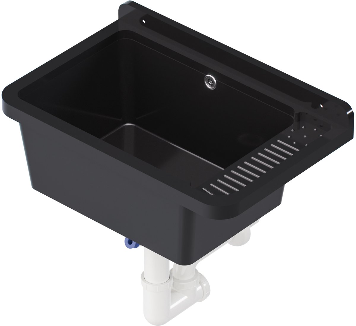 QLS Gootsteen Zwart 58x38x26 cm van Kunststof - Inclusief Sifonset - voor Garage, Kelder en Buiten 10845