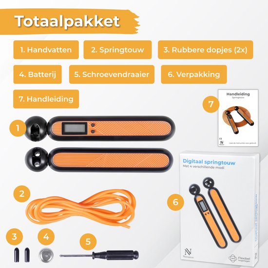 Inhoud van het Nuvance springtouw pakket: handvatten, touw, dopjes, batterij, schroevendraaier, verpakking en handleiding.