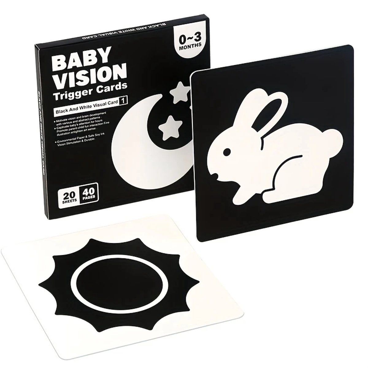 HHHK - Vision cards - Zwart wit kaarten baby - Educatieve kaarten - Ontwikkeling - Hoog contrastkaarten- 40 stuks