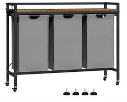 J&R Wasmand kastje - Wasmand met 3 vakken - Wassorteerder - Wasmand tafel - Waszak - Badkamerkast - Wasmand meubel - Wasmand rek - Dark brown - Zwart metaal