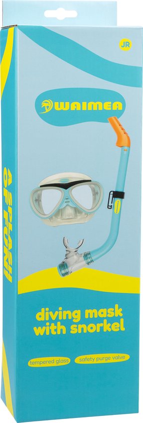 Verpakking van een blauwe snorkel en duikbril set met de tekst 'A Splash Of FUN!' en 'diving mask with snorkel'.