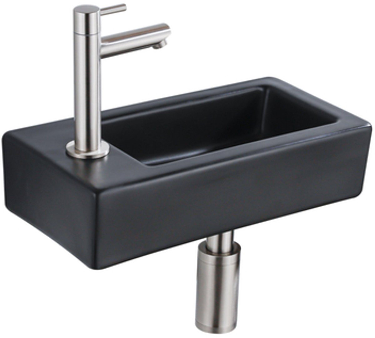 QeramiQ Fuente Fonteinset - 37.5x18.5x9cm - keramiek - kraangat links - fonteinkraan geborsteld RVS - afvoerplug - verlaagd sifon - Mat Zwart