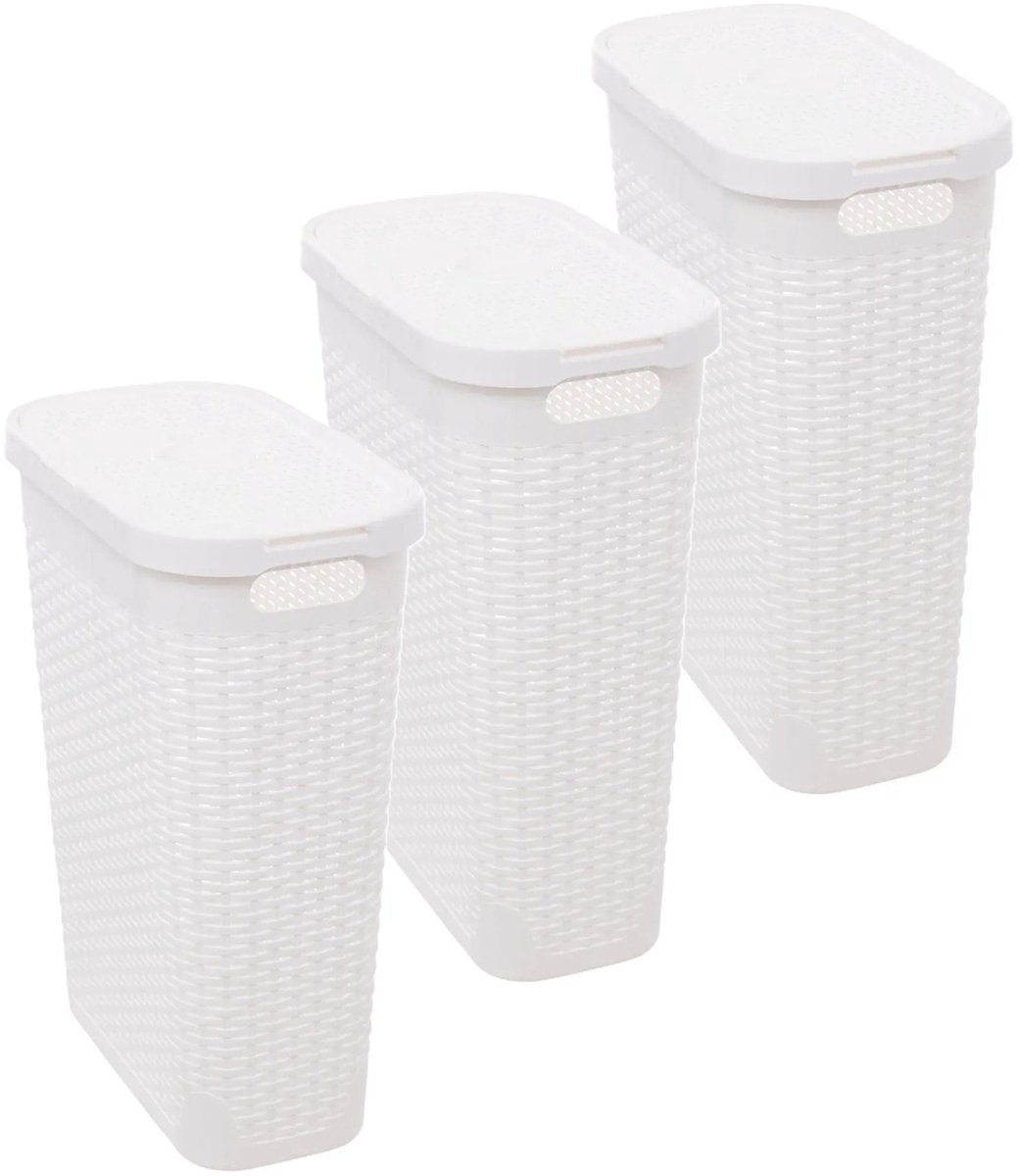 5Five Smalle Wasmand met deksel Rotan - 3x - wit - gevlochten kunststof - 40 liter - 26 x 46 x 60 cm