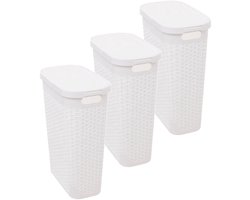 5Five Smalle Wasmand met deksel Rotan - 3x - wit - gevlochten kunststof - 40 liter - 26 x 46 x 60 cm