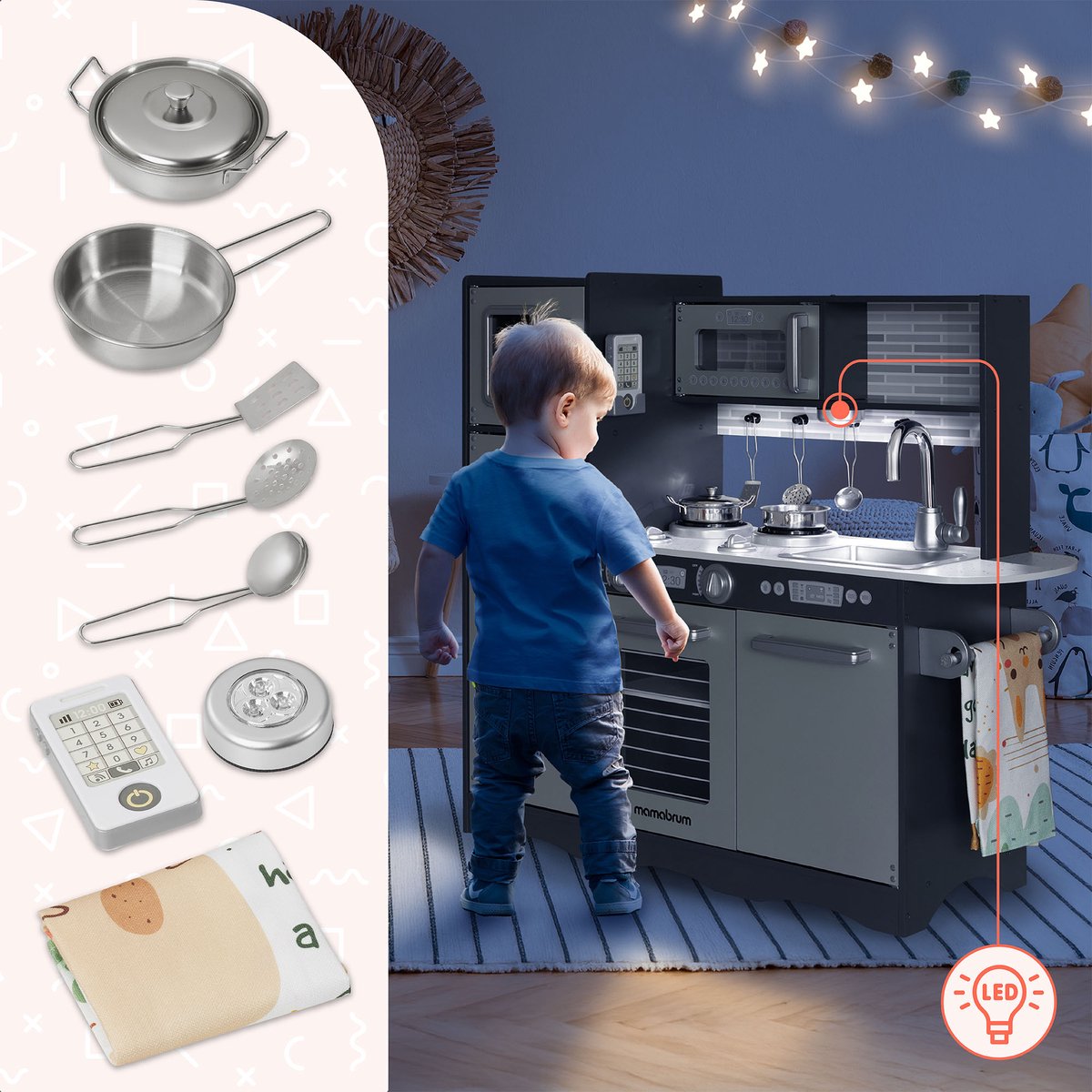 Keukentje Mamabrum XL Speelgoed houten speel keuken kinderkeukentje Speelkeuken eten speelgoedkeukentje Met accesoires pannen keukengerei set speelkeukentjes en toebehoren koken keukenschort keukenset kinderen voor ook 2 jaar, Hout, Grijs — afbeelding 6