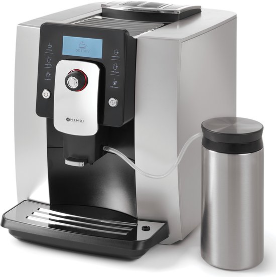 Zilverkleurige Hendi volautomatische koffiemachine met digitaal display en melkreservoir.