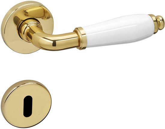 Gouden deurkruk met wit porseleinen handvat en rozet met sleutelgat.