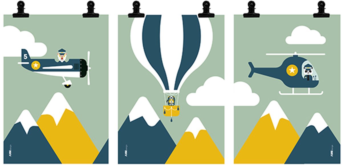 Poster set Vliegtuig Helikopter Luchtballon groen 3x maat A3 – vliegtuig - dieren- kinderkamer - jongenskamer - muurdecoratie - kinderkamerstyling – kinderkameraccessoire