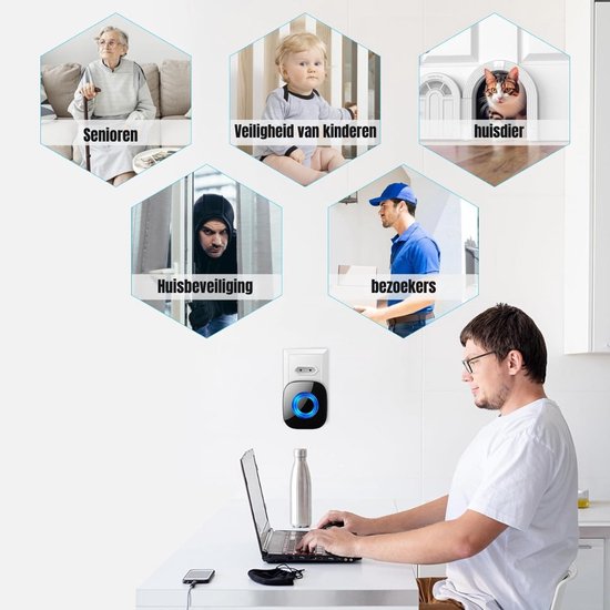 Deurbel met blauwe LED-ring detecteert senioren, kinderen, huisdieren, inbrekers en bezoekers.