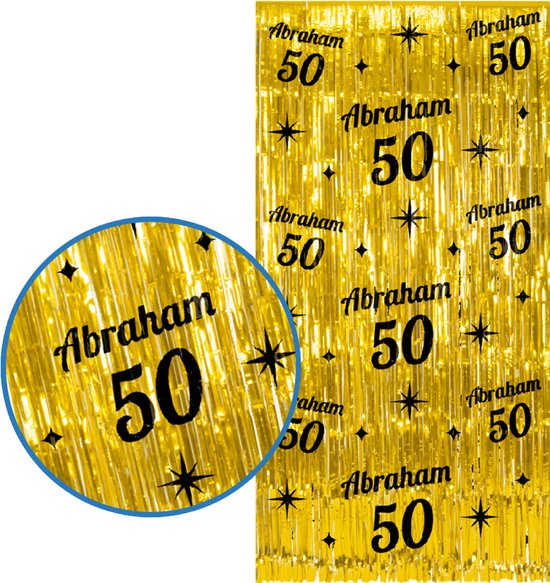 Gouden foliefeestgordijn met 'Abraham 50' erop, 100x200 cm.