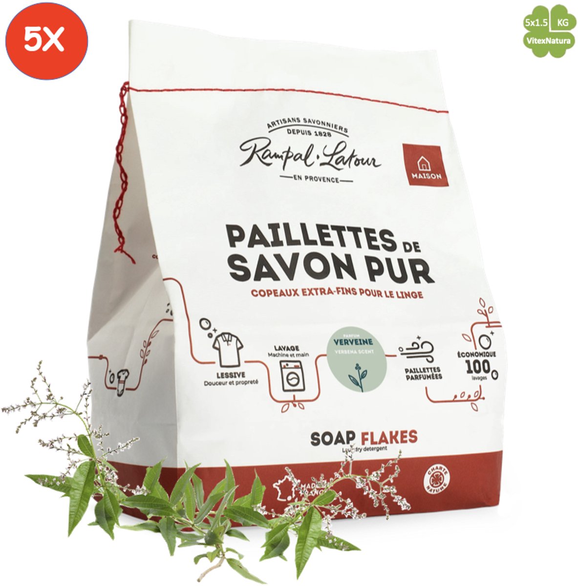 Marseille zeepvlokken verveine 5x 1.5 kg | Rampal Latour | Zuinig Ecologisch Milieuvriendelijk Hypoallergeen