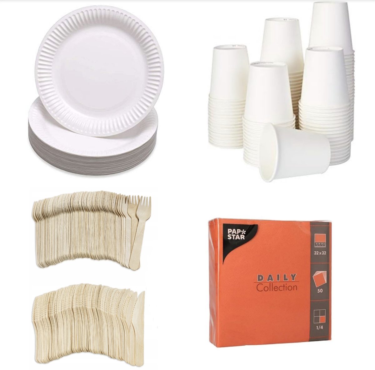 250 stuks x Houten wegwerp bestek set eco/milieubewust – 50 witte kartonnen borden 23cm + 50 kartonnen bekers 240ml+ 50 Vorken 16cm + 50 messen 16cm+ 50 servetten oranje 32x32cm Feest/verjaardag/BBQ picknick