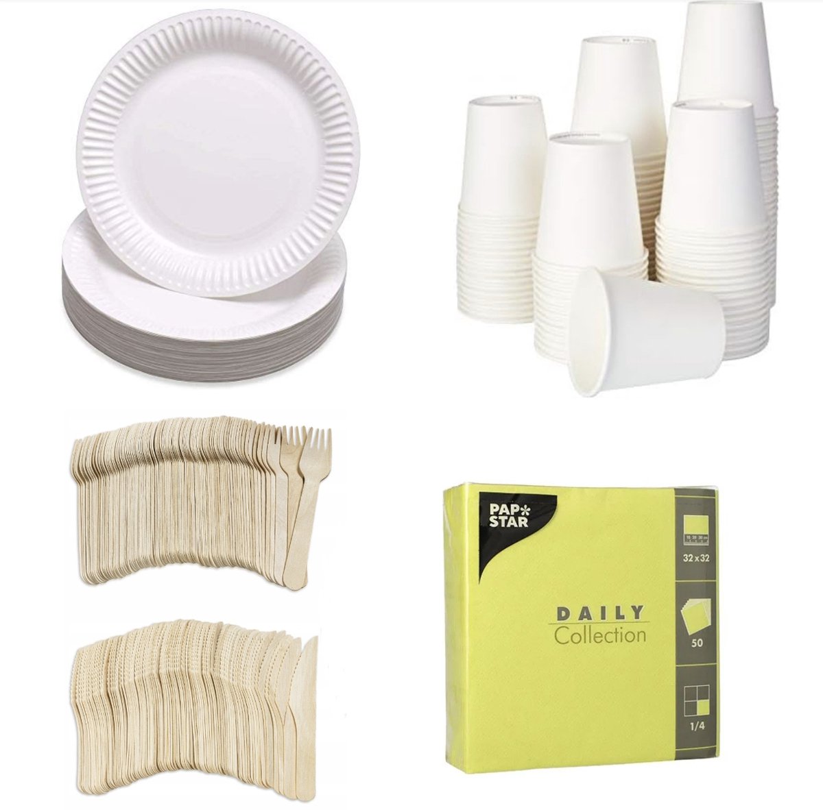 250 stuks x Houten wegwerp bestek set eco/milieubewust – 50 witte kartonnen borden 23cm + 50 kartonnen bekers 240ml+ 50 Vorken 16cm + 50 messen 16cm+ 50 servetten lime 32x32cm Feest/verjaardag/BBQ picknick