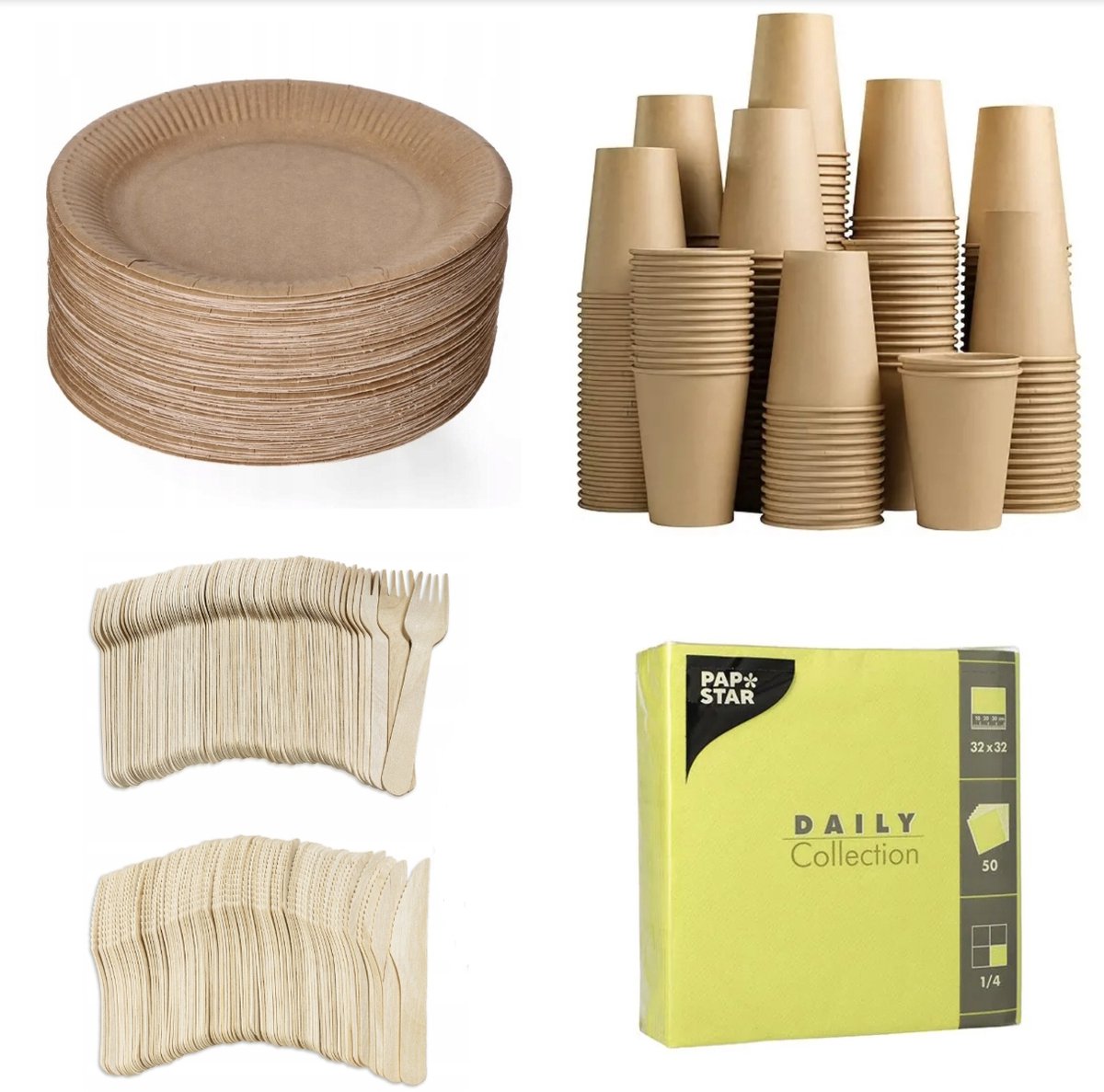 Image of 250 stuks x Houten wegwerp bestek set eco/milieubewust – 50 bruine kartonnen borden 23cm + 50 kartonnen bekers 240ml+ 50 Vorken 16cm + 50 messen 16cm+ 50 servetten lime 32x32cm Feest/verjaardag/BBQ picknick