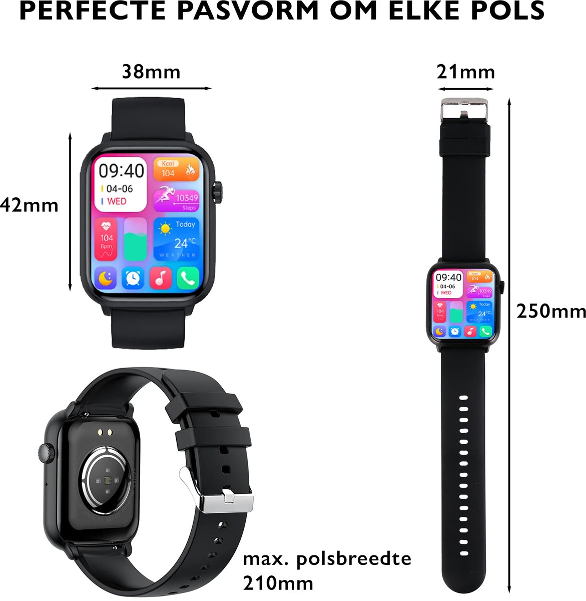 Afbeelding 2 van Zoluko Smartwatch voor Mannen & Vrouwen - Incl. Reserve Armbandje, Screenprotector en E-book - Sporthorloge met Fitness Tracker – Stappenteller Horloge – Fitness Watch – Zwart