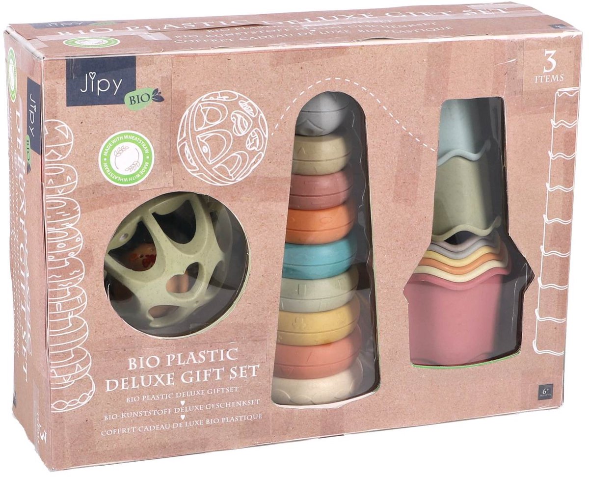Jipy bioplastic - badspeelgoed stapeltoren, bekertjes en ratelbal - Deluxe Giftset — afbeelding 2