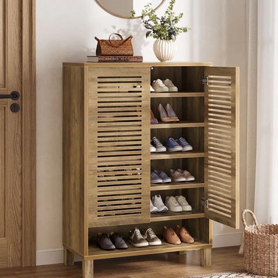 Meuble à chaussures Tribesigns – Étagère à chaussures à 6 niveaux – 73 x 35 x 109 cm – Meuble à chaussures avec Portes et Planches réglables – Rangement à chaussures en bois pour entrée et salon – Noyer rustique