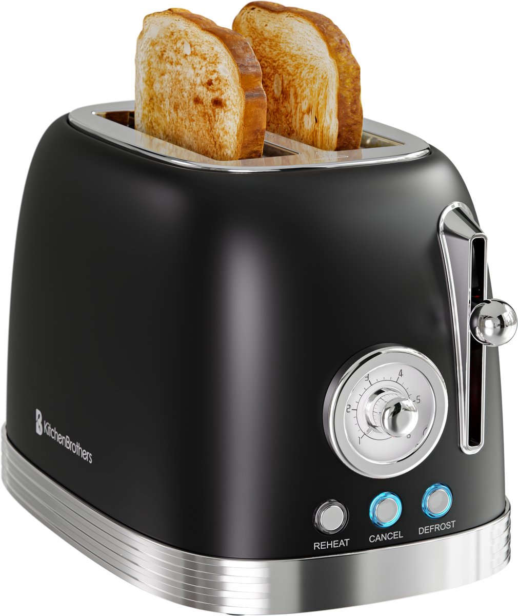 KitchenBrothers Retro Broodrooster - Toaster - 6 Warmteniveaus - 2 Extra Brede Sleuven - BPA-vrij - 815W - Zwart