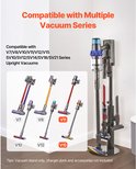 Illustratie van compatibele Dyson stofzuigers (V7, V8, V10, V11, V12, V15) op een vrijstaande houder.