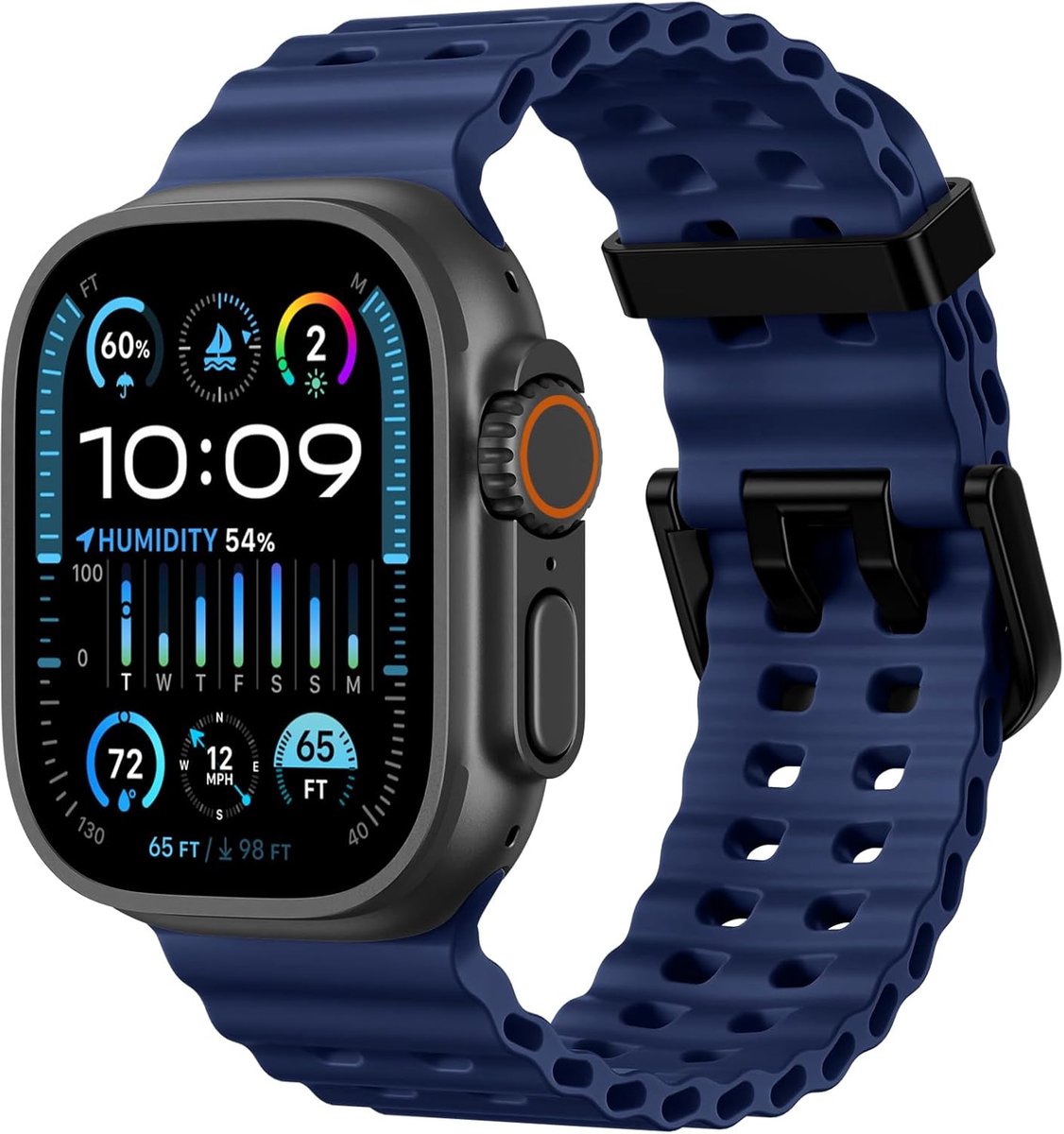 Stravo Ocean Sport bandje - Geschikt voor Apple Watch 46mm (Series 10/11), 45mm (Series 7/8/9), 44mm (Series 4/5/6, SE 1/2/3), 42mm (Series 1/2/3), 49mm (Ultra 1/2/3) - Donkerblauw - Ademende Zachte Silicone Waterdichte Marine Horlogebandje