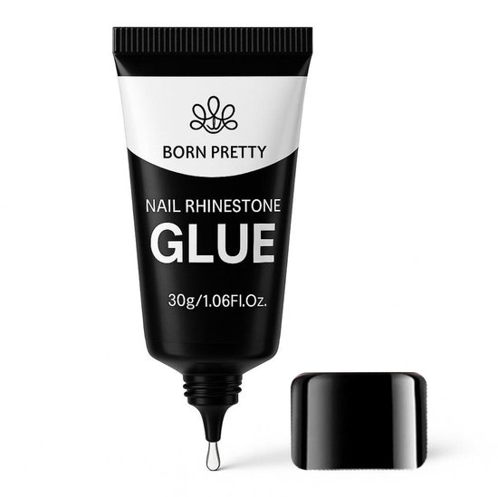 Zwarte tube Born Pretty nagel strasslijm, 30g/1.06FI.Oz, met de dop ernaast.