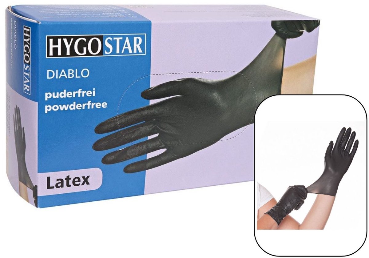 Hygostar Latex handschoenen - zwart - poedervrij - maat M - doos 100 stuks