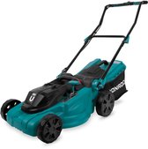Turquoise grasmaaier met zwarte details en opvangzak.